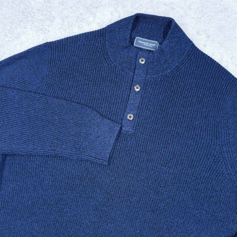 Vineyard Vines Oysterman Merino Wool Sweater Mens 2XL Blue Soft 1/4 Button Knit